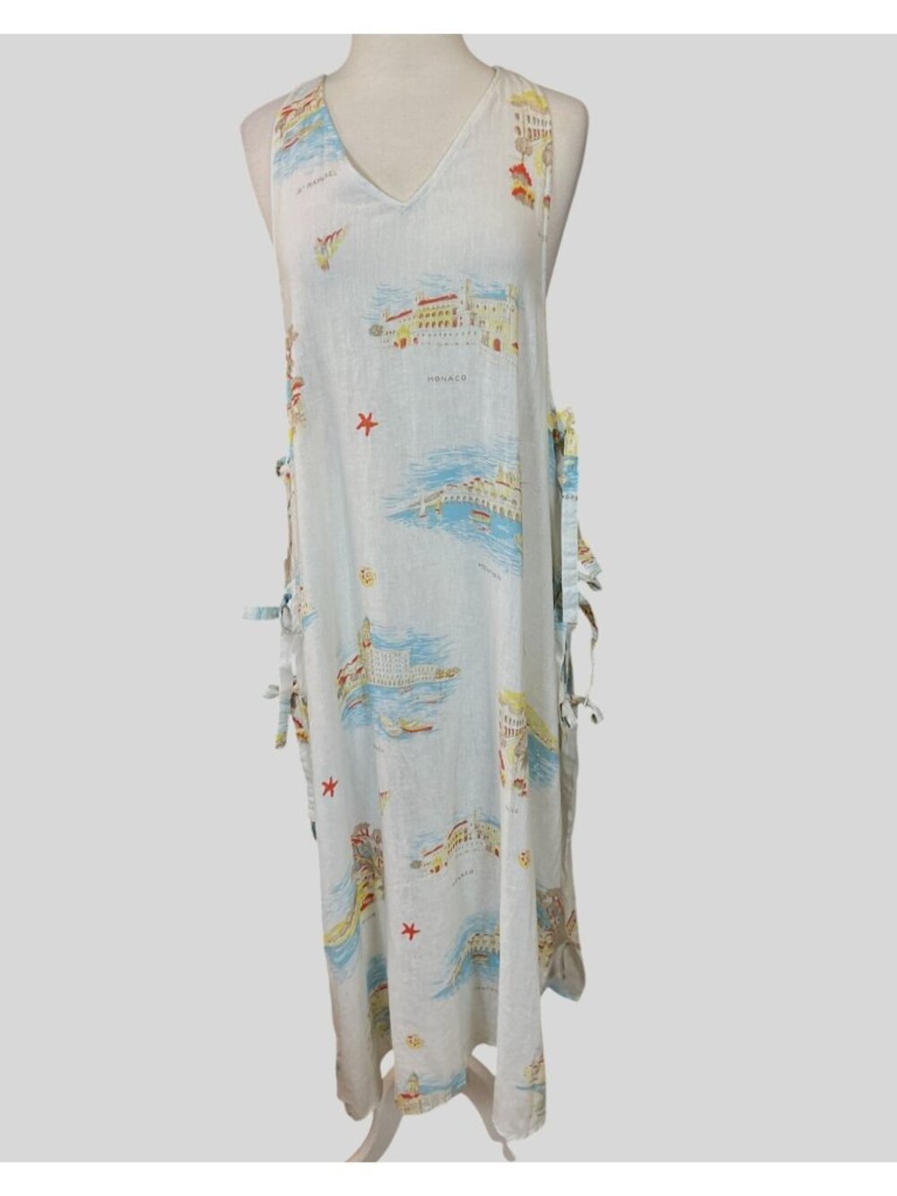 Calypso St Barth 'Vintage-Coast' Linen Blend Maxi Side Tie Swim Cover Up L NWT